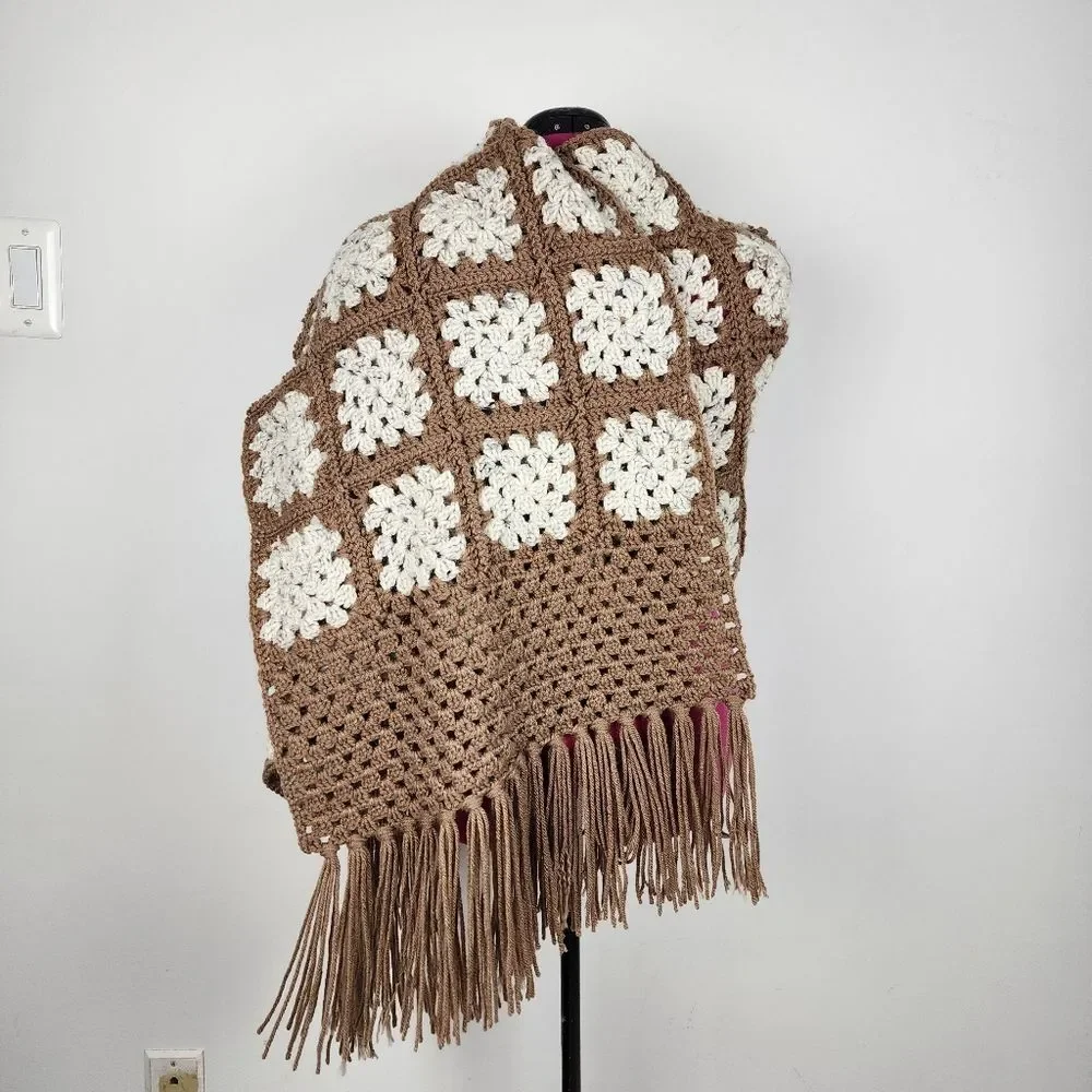 New Handmade Crochet Granny Square Shawl Wrap Scarf Brown Cream Boho Fringe